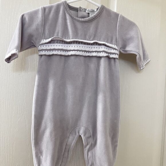 Kissy Kissy Gray Velvet Footie One Piece Crochet Lace Trim Size 0-3 Months - Picture 3 of 12